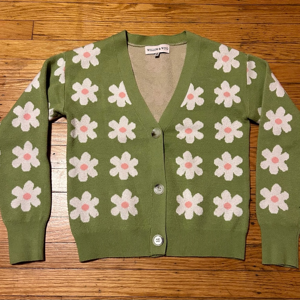 Willow & Wind Women's Green Flower Cardigan Sweater Size XS Flower